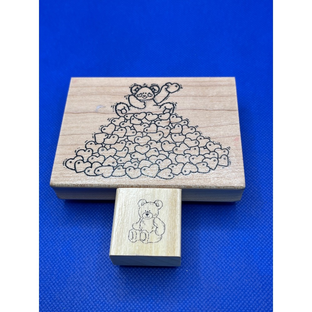 Vntg Teddy Bear Heart Pile Rubber Stamps Set of 2 Wood Mounted Valentine Craft